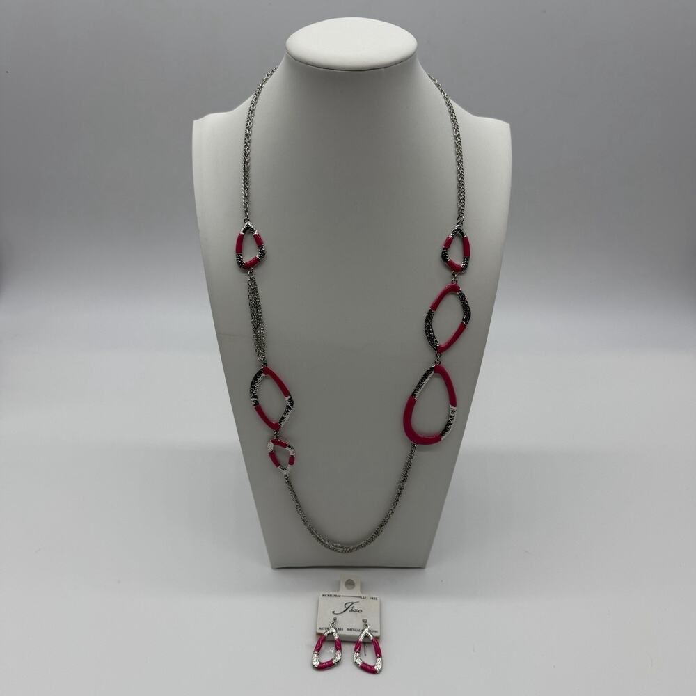 ISAC Pink Natural Glass Silver Tone Necklace Earrings Jewelry Set Nickel Free